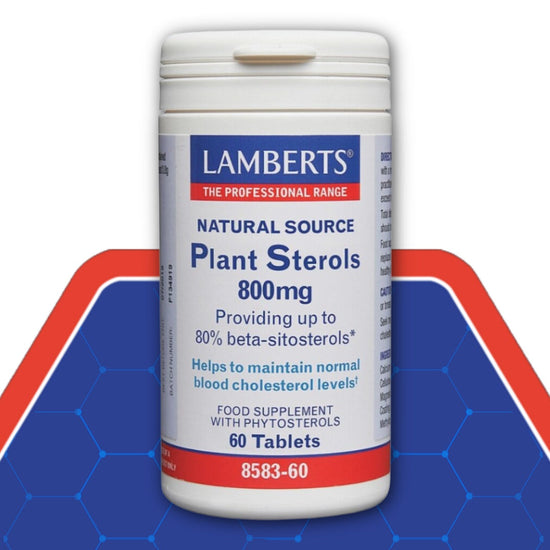 Lamberts plant sterols supplement container on a blue and red background