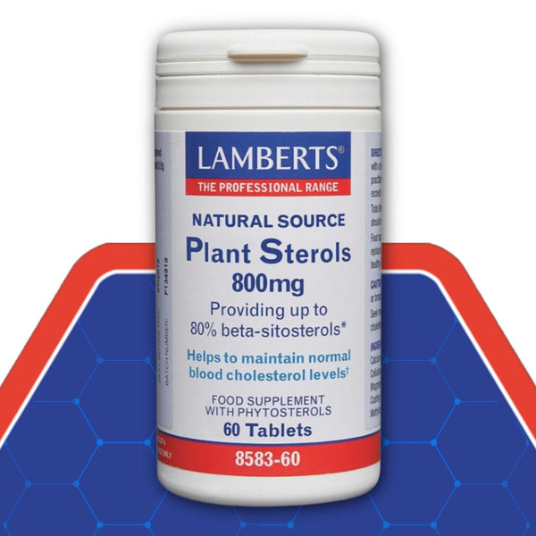 Lamberts plant sterols supplement container on a blue and red background