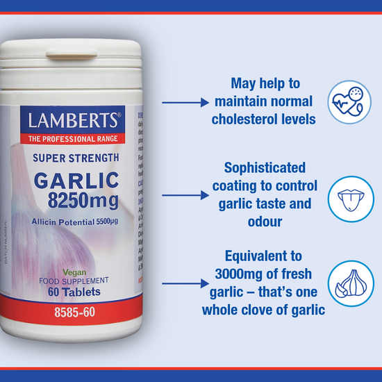 Lamberts Super Strength Garlic 8250mg supplement container with text on benefits.