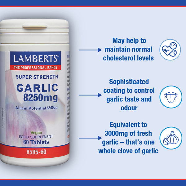 Lamberts Super Strength Garlic 8250mg supplement container with text on benefits.