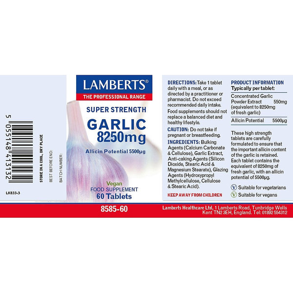Lamberts Super Strength Garlic 8250mg supplement label on a white background