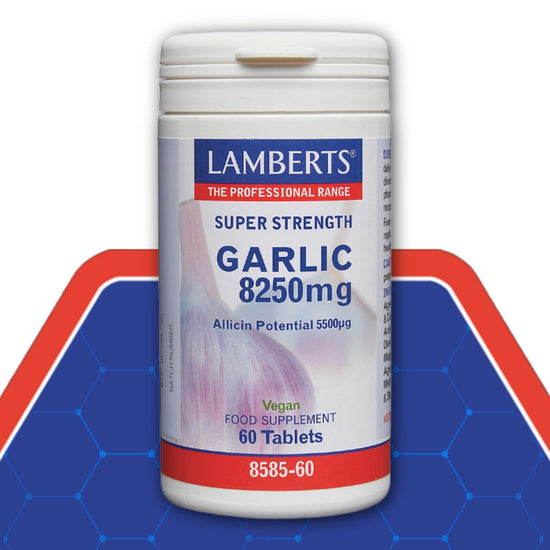 Lamberts Super Strength Garlic 8250mg supplement container on a blue and red background