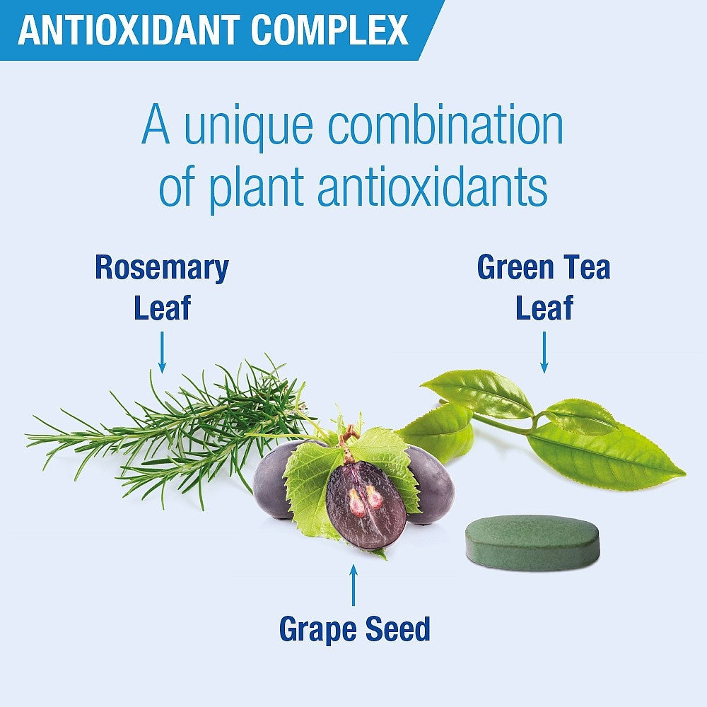 Illustration of rosemary, green tea leaf, and grape seed with text on an antioxidant complex.