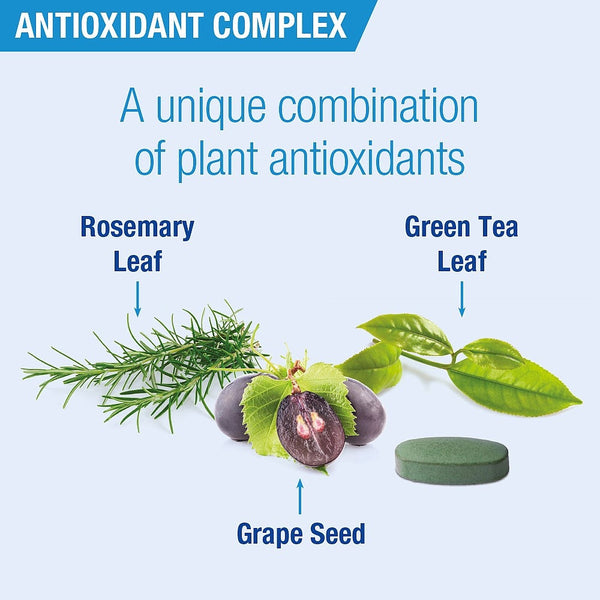 Illustration of rosemary, green tea leaf, and grape seed with text on an antioxidant complex.