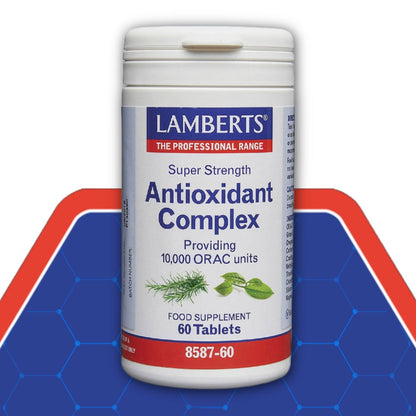 Lamberts Super Strength Antioxidant Complex supplement container on a blue and red background