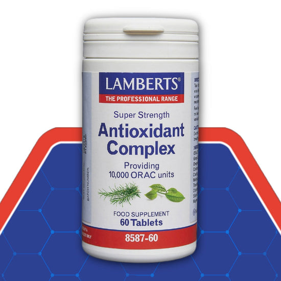 Lamberts Super Strength Antioxidant Complex supplement container on a blue and red background