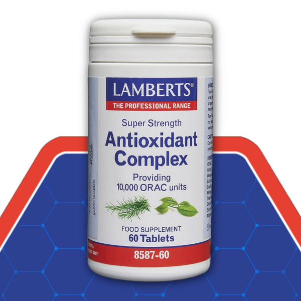 Lamberts Super Strength Antioxidant Complex supplement container on a blue and red background
