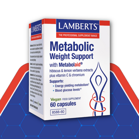 Lamberts Metabolic Weight Support supplement box on a blue background