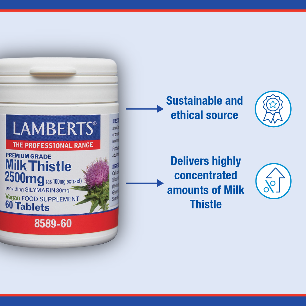 Lamberts Milk Thistle supplement container with text on a blue background