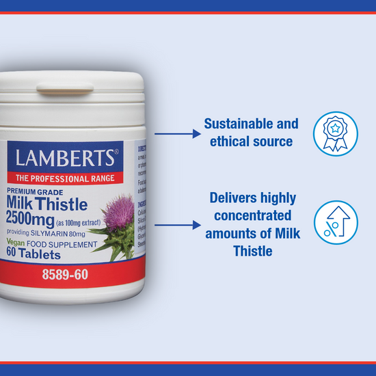 Lamberts Milk Thistle supplement container with text on a blue background