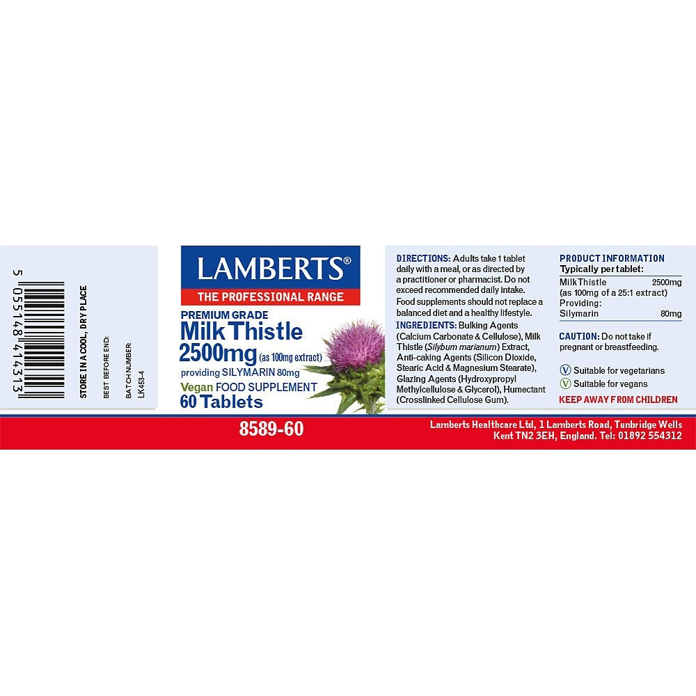 Lamberts Milk Thistle supplement label on a white background