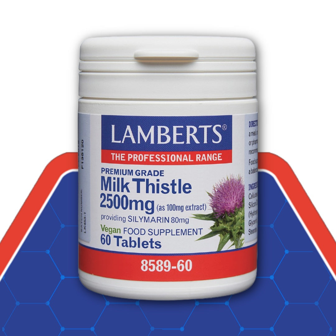 Lamberts Milk Thistle supplement container on a blue and red background
