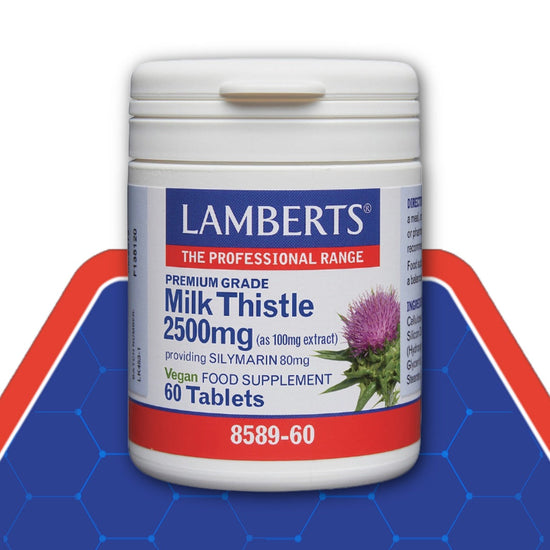 Lamberts Milk Thistle supplement container on a blue and red background