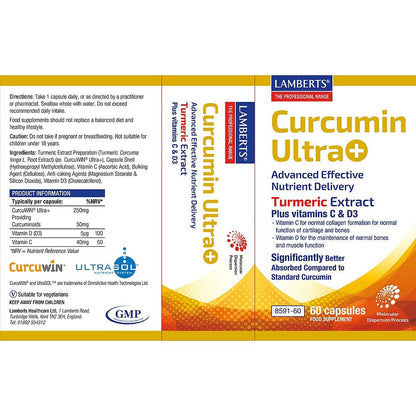 Lamberts Curcumin Ultra supplement packaging with detailed information on a white background