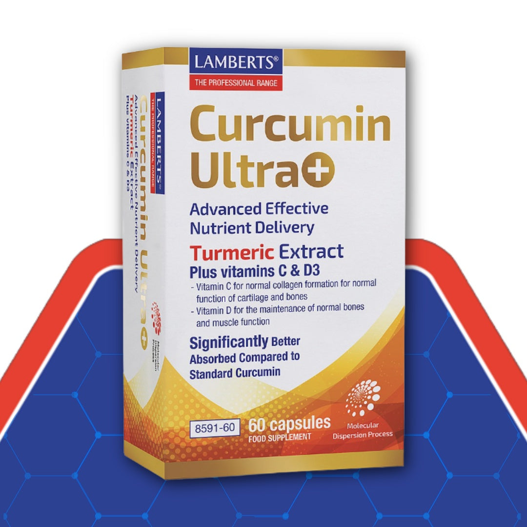 Lambert's Curcumin Ultra+ supplement packaging on a blue background