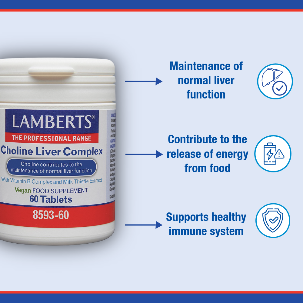 Lamberts Choline Liver Complex supplement container with text on benefits on a blue background