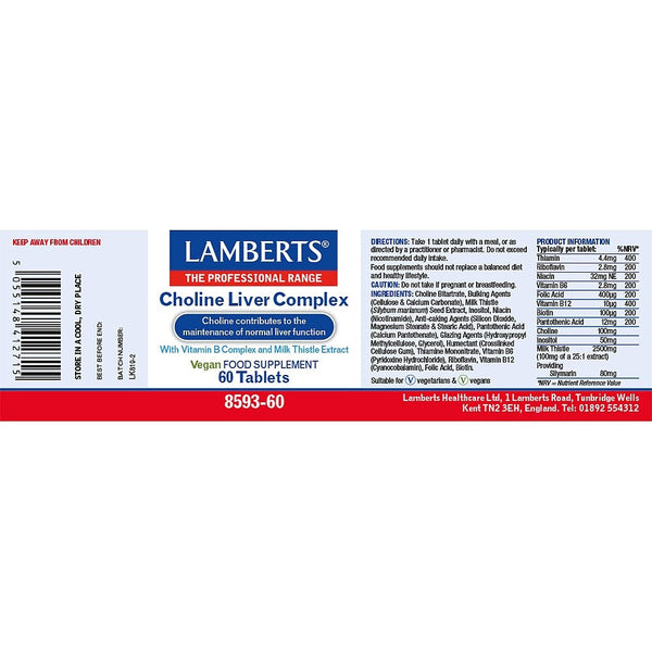 Lambert's Choline Liver Complex supplement label on a white background