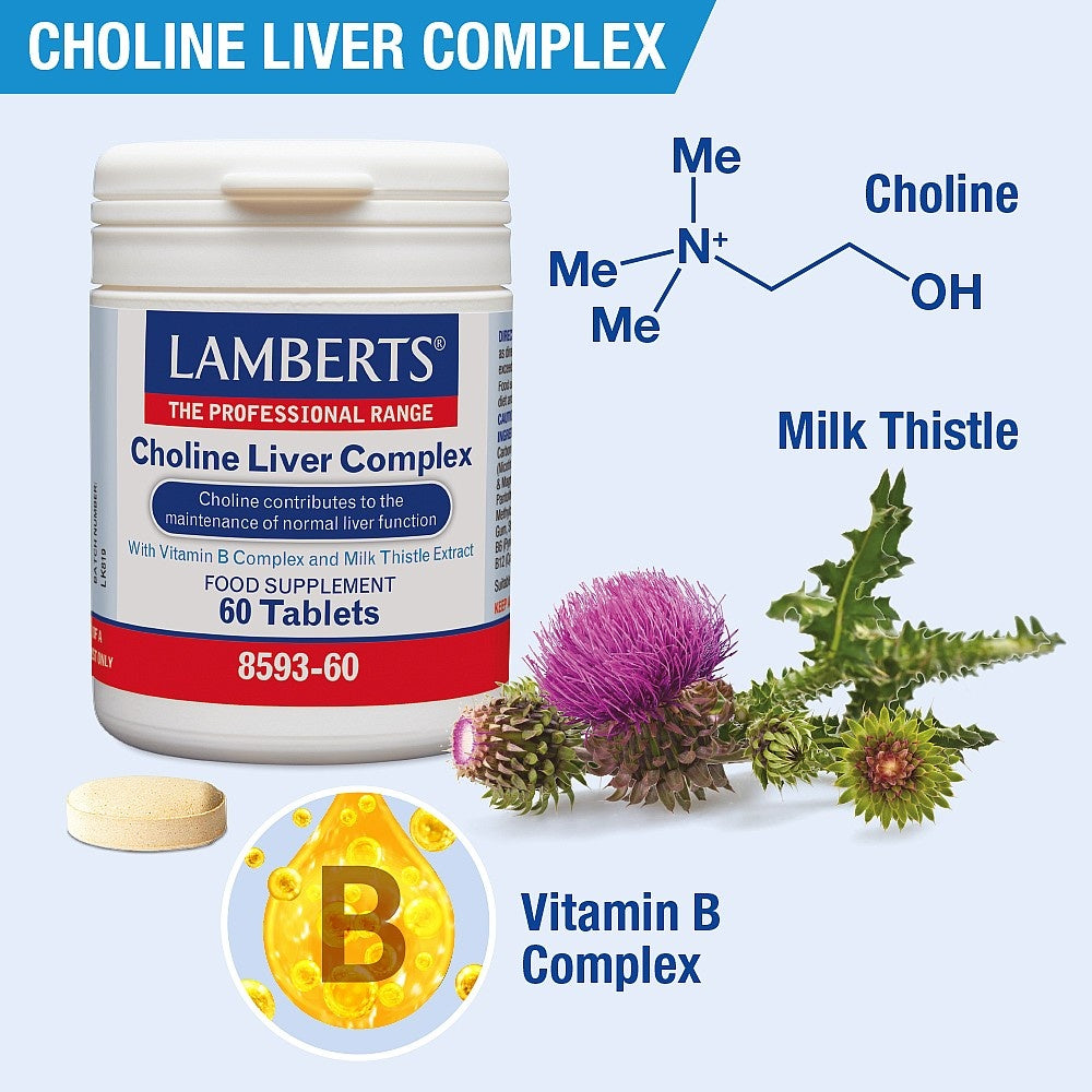Lamberts Choline Liver Complex supplement with milk thistle and vitamin B complex elements on a light blue background
