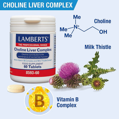 Lamberts Choline Liver Complex supplement with milk thistle and vitamin B complex elements on a light blue background