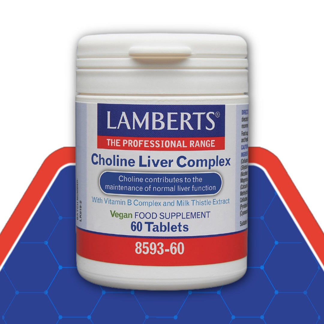 Lamberts Choline Liver Complex supplement container on a blue and red background