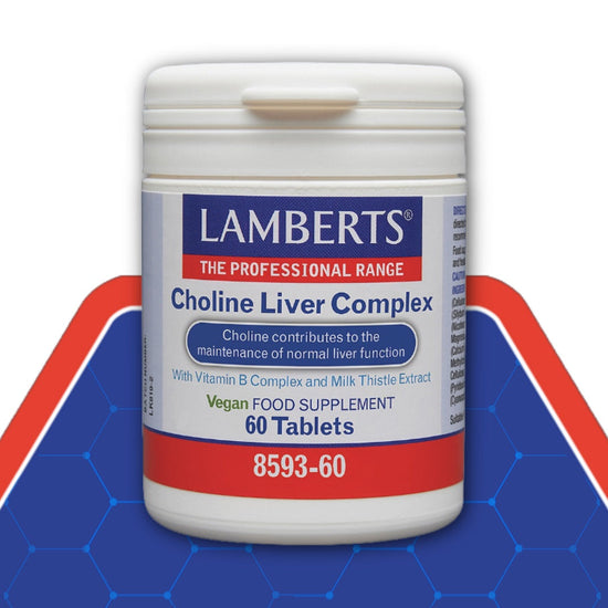 Lamberts Choline Liver Complex supplement container on a blue and red background
