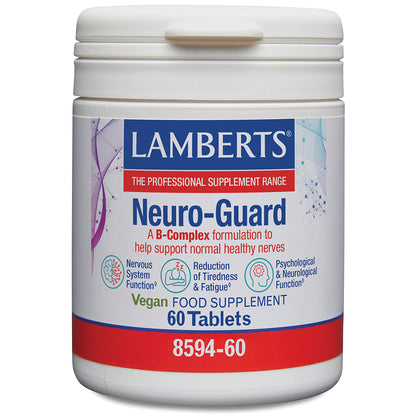Lamberts Neuro-Guard B-Complex food supplement bottle with 60 tablets, featuring a white plastic container and a label with blue, red, and white colors.