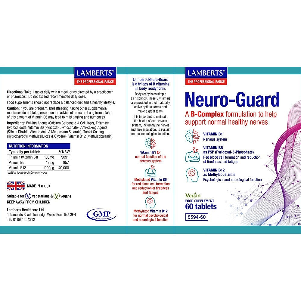 Lamberts Neuro-Guard supplement packaging with text and graphics on a white background