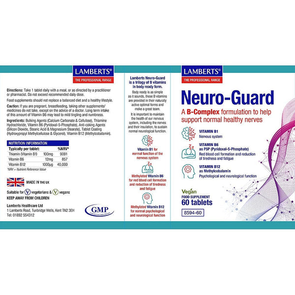 Lamberts Neuro-Guard supplement packaging with text and graphics on a white background