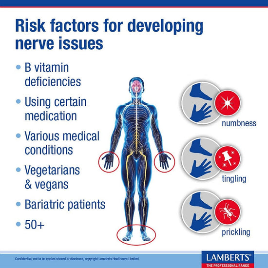 Infographic on risk factors for developing nerve issues with a human body illustration and symptoms depicted.