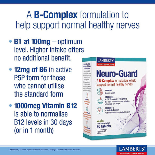 Lamberts Neuro-Guard B-Complex supplement packaging with product details on a white background