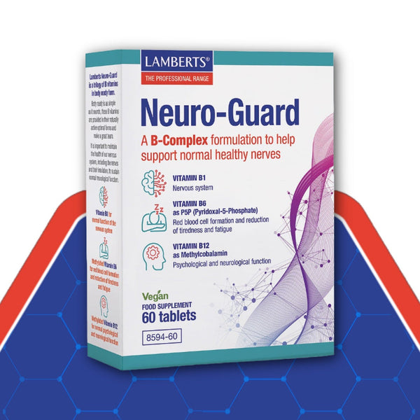 Lamberts Neuro-Guard supplement box on a blue and red background