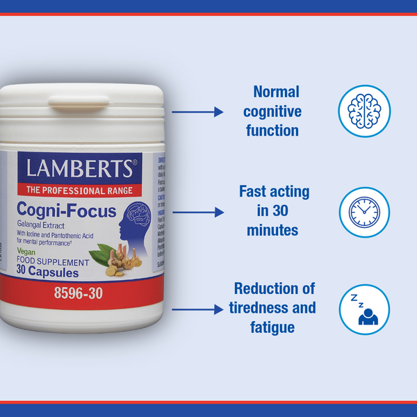 Lamberts Cogni-Focus supplement container with product features on a blue background
