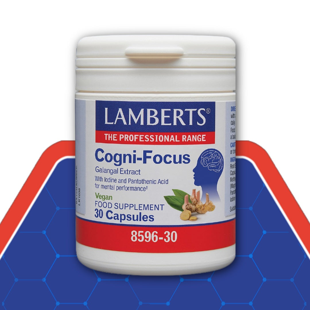 Lamberts Cogni-Focus supplement container on a blue and red background