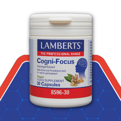 Lamberts Cogni-Focus supplement container on a blue and red background