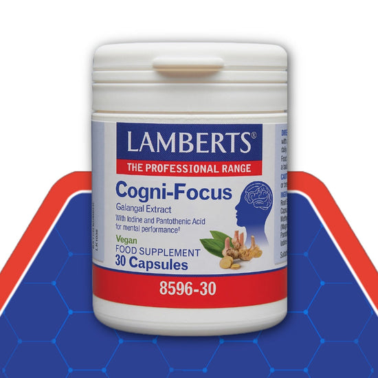 Lamberts Cogni-Focus supplement container on a blue and red background