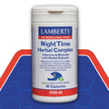 Lamberts Night Time Herbal Complex supplement container on a blue and red background