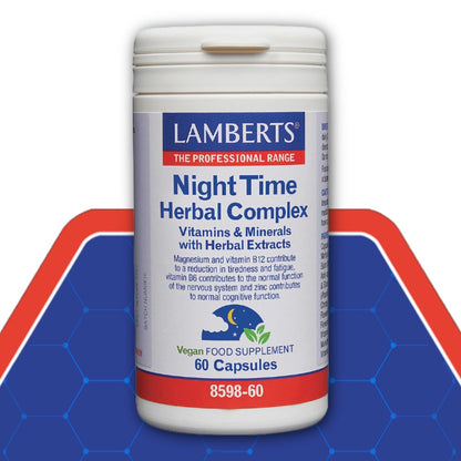 Lamberts Night Time Herbal Complex supplement container on a blue and red background