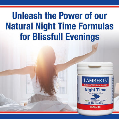 Lamberts Night Time supplement container with a woman waking up in the background