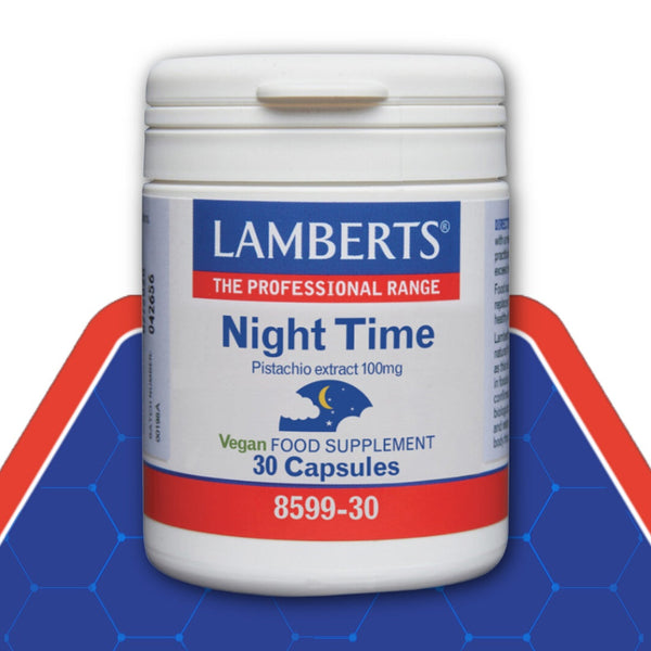 Lamberts Night Time supplement container on a blue and red background