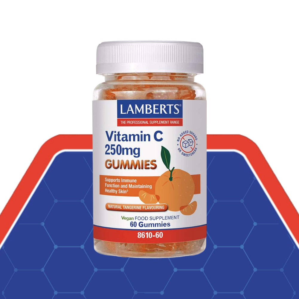 A bottle of Lamberts Vitamin C 250mg Gummies, featuring a white cap and a white label with blue and orange text, set against a blue and red geometric background.