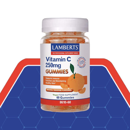 A bottle of Lamberts Vitamin C 250mg Gummies, featuring a white cap and a white label with blue and orange text, set against a blue and red geometric background.