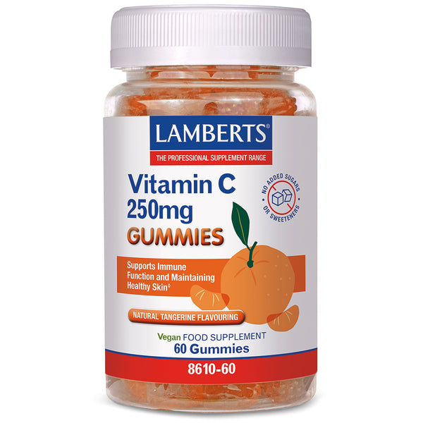 A bottle of Lamberts Vitamin C 250mg Gummies, featuring a white label with blue and orange text, an illustration of a tangerine, and visible orange gummies inside a clear plastic bottle with a white cap.