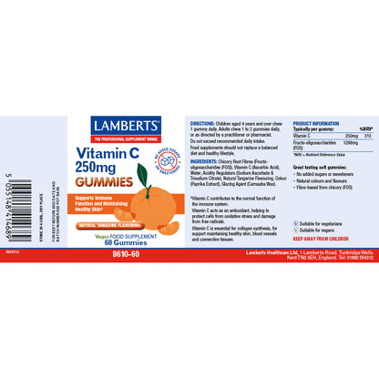 The back of a Lamberts Vitamin C 250mg Gummies bottle, showing product information, ingredients, directions, and a barcode on a white background.