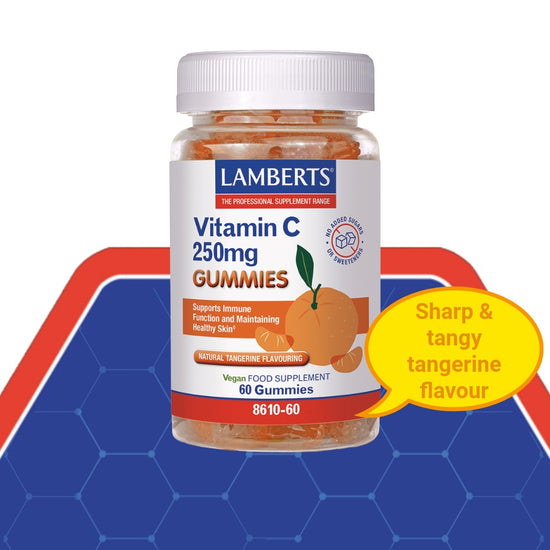 Lamberts Vitamin C 250mg Gummies bottle on a blue and red geometric background with a yellow callout bubble.