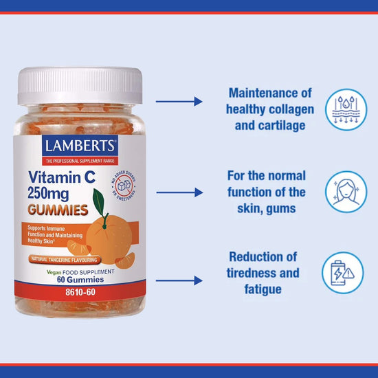 A bottle of Lamberts Vitamin C 250mg Gummies shown on a light blue background with three blue text callouts and icons describing benefits: maintenance of healthy collagen and cartilage, normal function of skin and gums, and reduction of tiredness and fatigue.