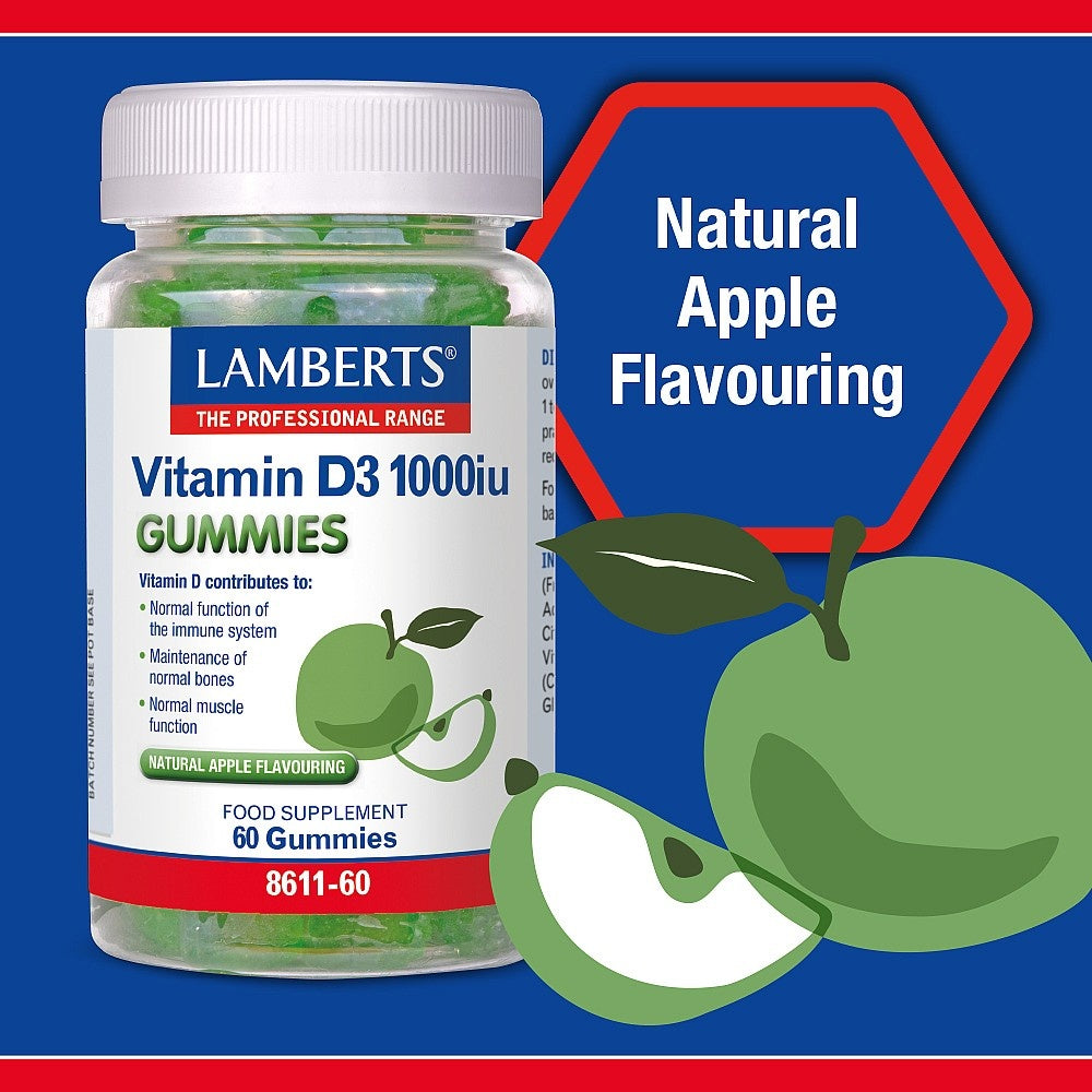 Lamberts Vitamin D3 1000iu Gummies bottle with apples on a blue background