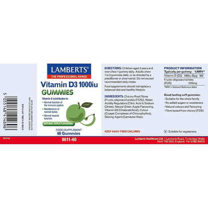 Lamberts Vitamin D3 1000iu gummies label on a white background