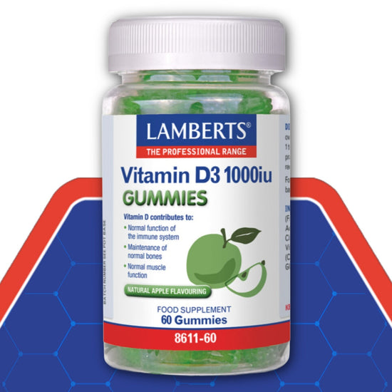 Lamberts Vitamin D3 1000iu Gummies bottle on a blue and red background