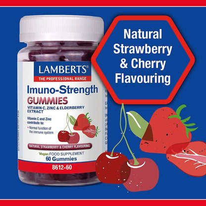 Lamberts Imuno-Strength Gummies bottle with strawberry and cherry graphics on a blue background
