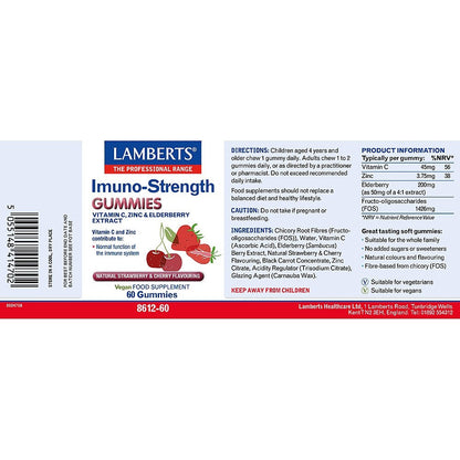 Lamberts Imuno-Strength Gummies label with strawberry and cherry graphics on a white background